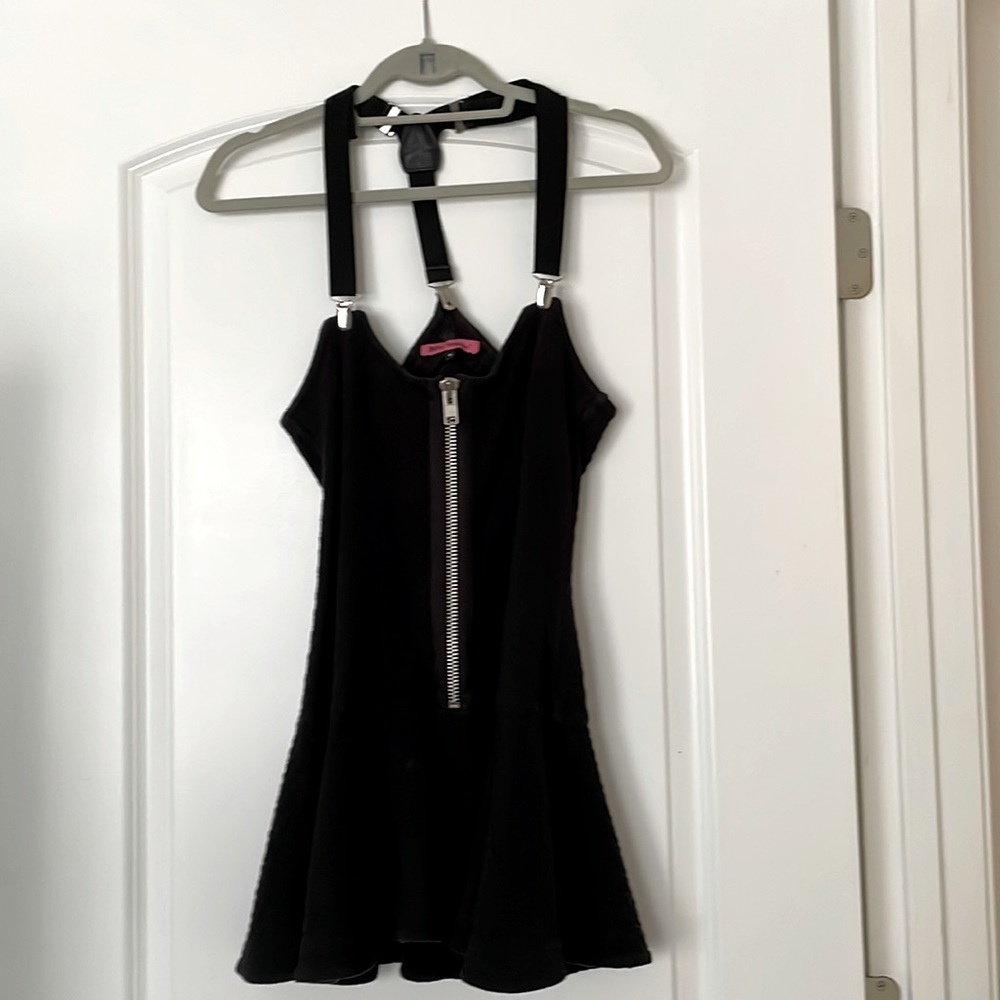 Betsey Johnson Suspender Mini Dress Black Textured Fabric w/ Front Zipper, Small